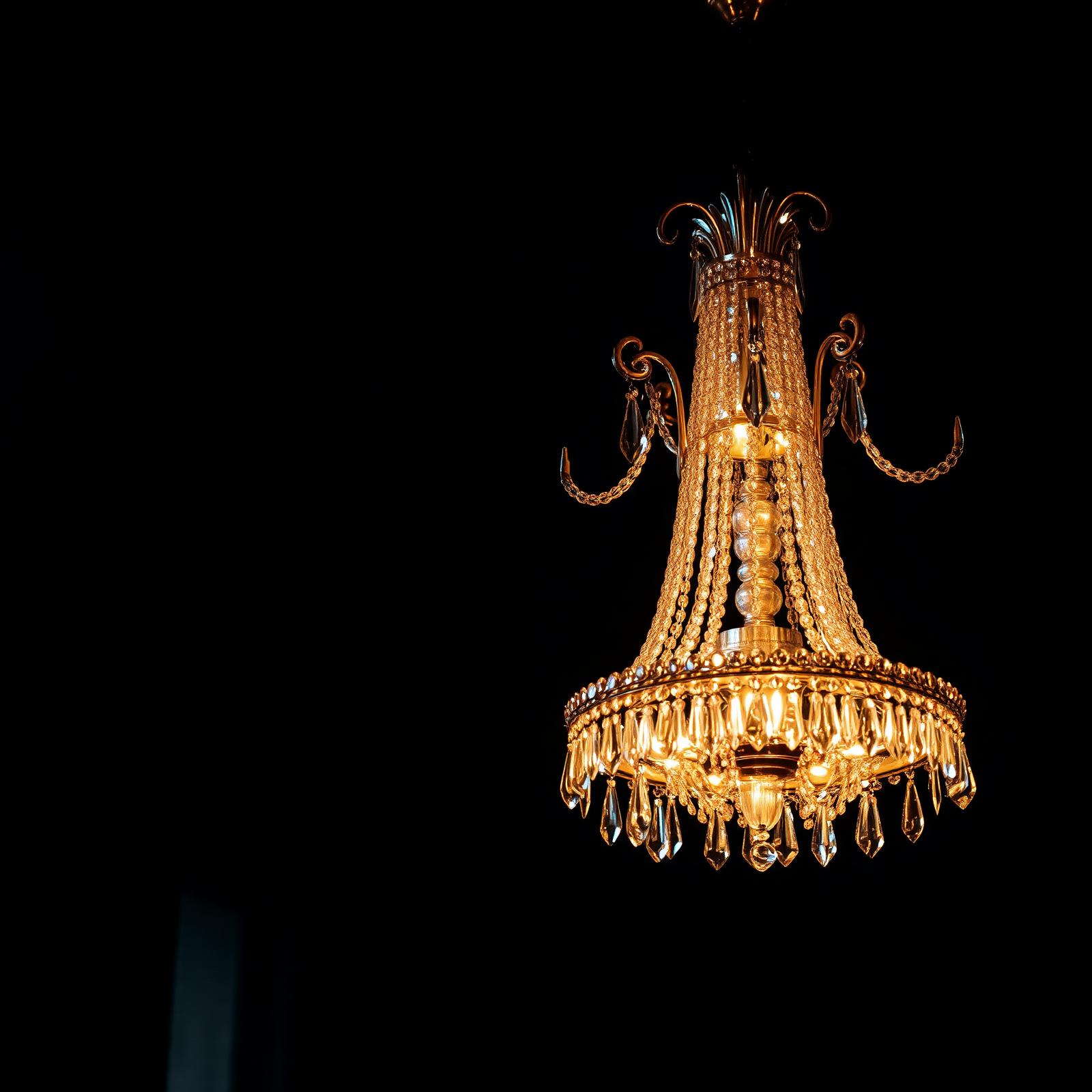 Luxury crystal chandelier glowing warm amber
